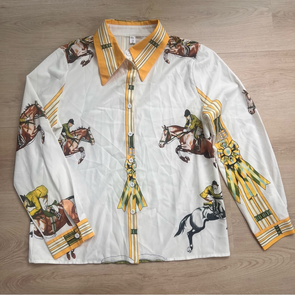 Equestrian Print Button-Up Shirt